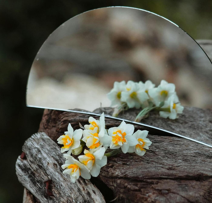 Delicate flowers sitting in front of a mirror on a wooden table.